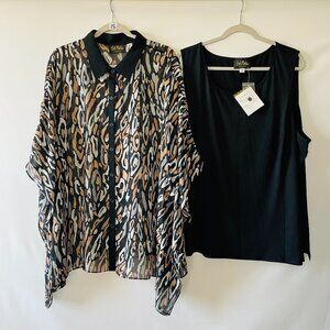 NWT Bob Mackie Women Black Sheer Leopard Button Up Kimono & Tank Top 3X Set Of 2
